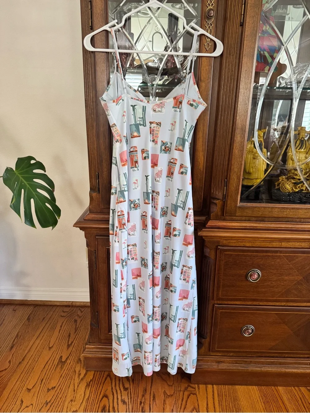 Abercrombie & Fitch White Slip Dress with Coral and Teal Scenic Print